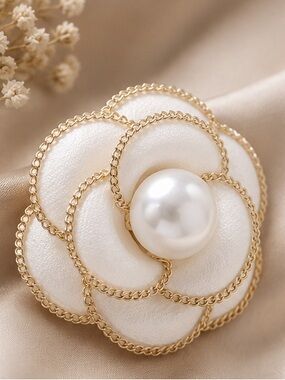 Ivory Pearl Camellia Flower Brooch